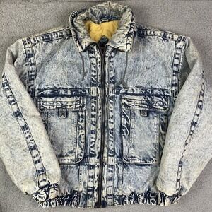 Vintage Rugged Run Denim Acid Wash Jacket Heavy Thick Zip Up Coat Size Large